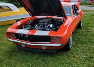 reddish orange sports car with hood open displayed in a grassy field