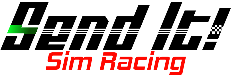 Color graphic with "Send It Sim Racing" with black blocky font and red subtext 